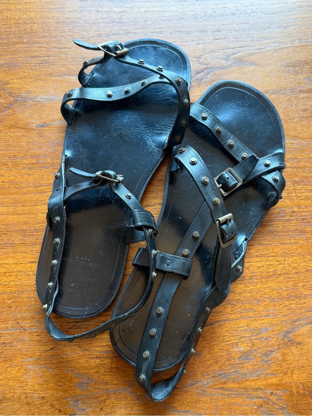 Saint Laurent Studded Bronze & Black Leather Gladiator Sandals - Size 46